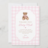 Pink Gingham Teddy Bear Beary First Birthday サンキューカード (正面)