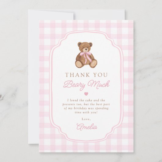 Pink Gingham Teddy Bear Beary First Birthday サンキューカード (正面)