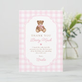 Pink Gingham Teddy Bear Beary First Birthday サンキューカード (スタンド正面)