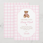 Pink Gingham Teddy Bear Beary First Birthday サンキューカード (正面/裏面)