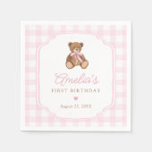 Pink Gingham Teddy Bear Beary First Birthday スタンダードカクテルナプキン (正面)