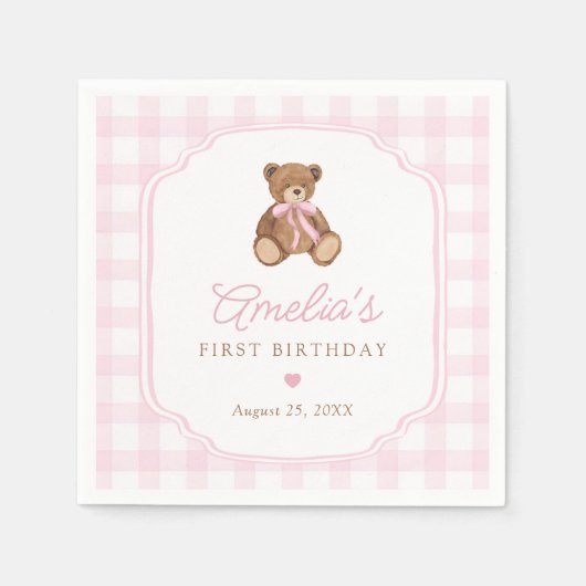 Pink Gingham Teddy Bear Beary First Birthday スタンダードカクテルナプキン (正面)