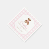 Pink Gingham Teddy Bear Beary First Birthday スタンダードカクテルナプキン (角)