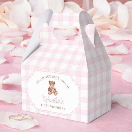 Pink Gingham Teddy Bear Beary First Birthday フェイバーボックス (ウェディング)