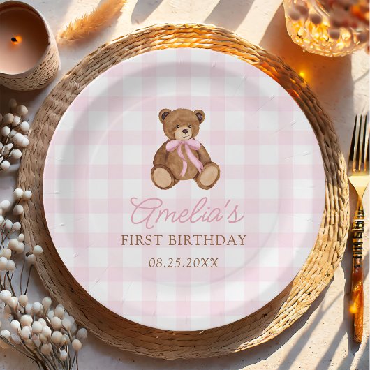 Pink Gingham Teddy Bear Beary First Birthday ペーパープレート