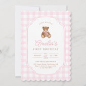 Pink Gingham Teddy Bear Beary First Birthday 招待状 (正面)