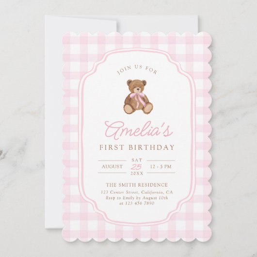 Pink Gingham Teddy Bear Beary First Birthday 招待状 (正面)