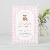 Pink Gingham Teddy Bear Beary First Birthday 招待状 (スタンド正面)