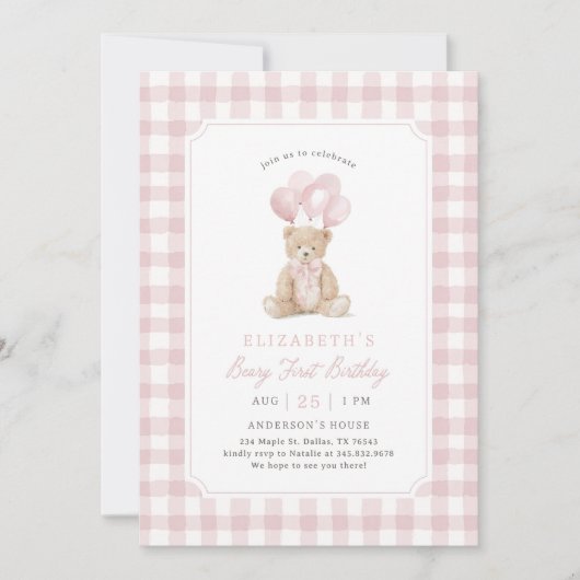Pink Gingham Teddy Bear Beary First Birthday 招待状 (正面)