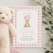 Pink Gingham Teddy Bear Beary First Birthday 招待状