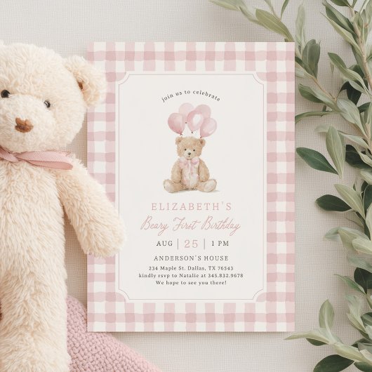 Pink Gingham Teddy Bear Beary First Birthday 招待状