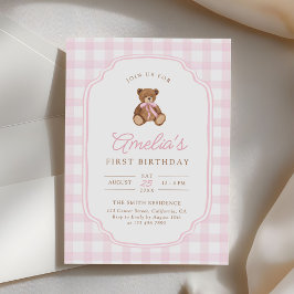 Pink Gingham Teddy Bear Beary First Birthday 招待状