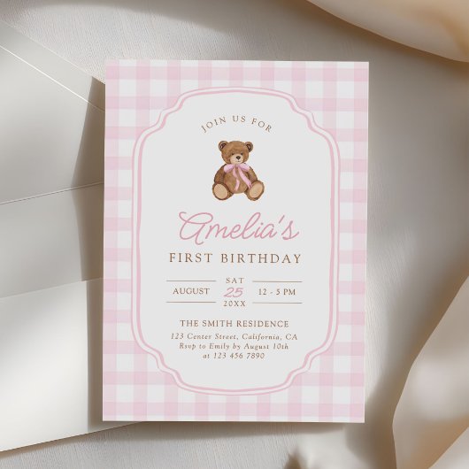 Pink Gingham Teddy Bear Beary First Birthday 招待状