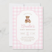 Pink Gingham Teddy Bear Beary First Birthday 招待状 (正面)