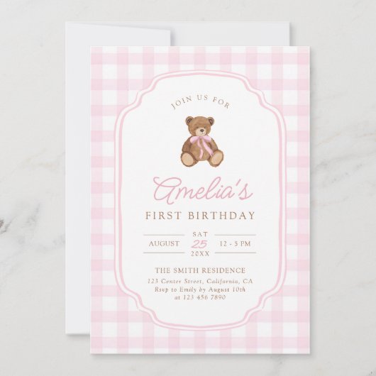 Pink Gingham Teddy Bear Beary First Birthday 招待状 (正面)