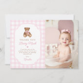 Pink Gingham Teddy Bear Beary First Birthday Photo サンキューカード (正面)