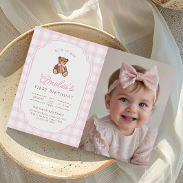 Pink Gingham Teddy Bear Beary First Birthday Photo 招待状