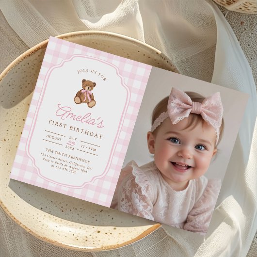 Pink Gingham Teddy Bear Beary First Birthday Photo 招待状