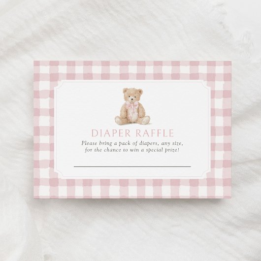 Pink Gingham Teddy Bear Diaper Raffle Ticket エンクロージャーカード