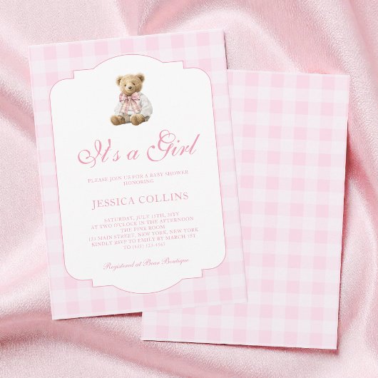 Pink Gingham Teddy Bear It's a Girl Baby Shower 招待状