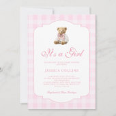 Pink Gingham Teddy Bear It's a Girl Baby Shower 招待状 (正面)