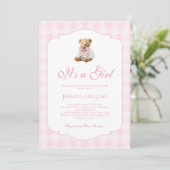 Pink Gingham Teddy Bear It's a Girl Baby Shower 招待状 (スタンド正面)