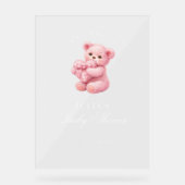 Pink Gingham Teddy Bear Neutral Baby Shower アクリルサイン (正面)