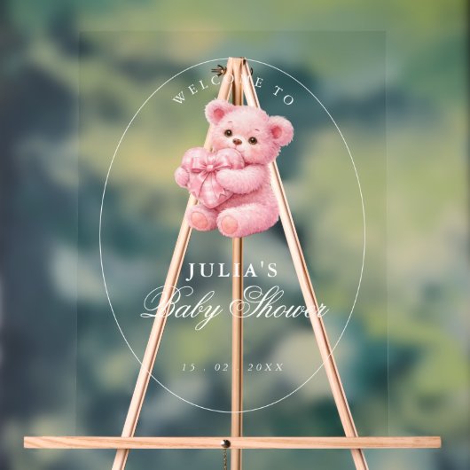 Pink Gingham Teddy Bear Neutral Baby Shower アクリルサイン (ニュートラル)