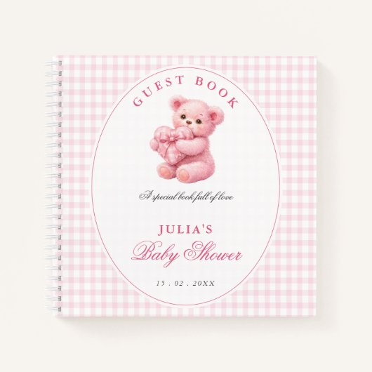 Pink Gingham Teddy Bear Neutral Baby Shower ノートブック (正面)