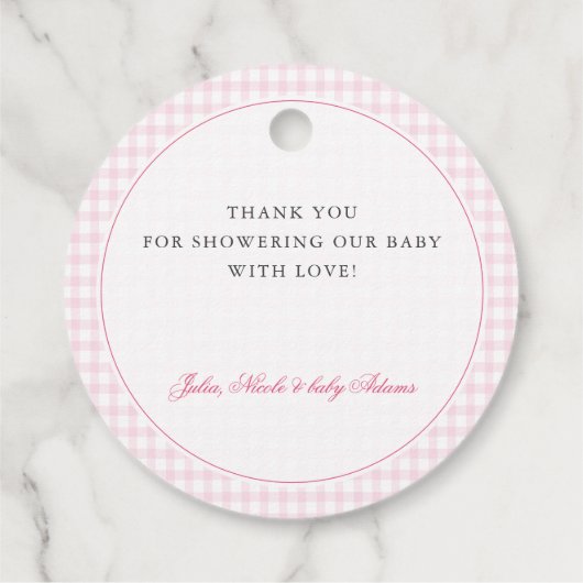 Pink Gingham Teddy Bear Neutral Baby Shower フェイバータグ (裏面)