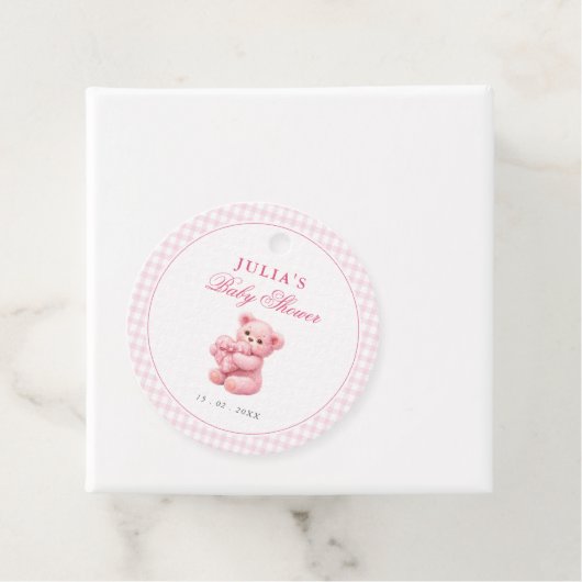Pink Gingham Teddy Bear Neutral Baby Shower フェイバータグ (インサイチュ)