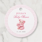 Pink Gingham Teddy Bear Neutral Baby Shower フェイバータグ (正面)