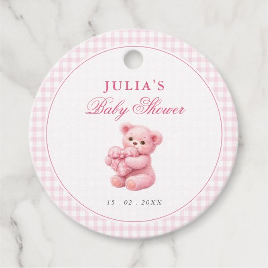 Pink Gingham Teddy Bear Neutral Baby Shower フェイバータグ (正面)