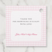 Pink Gingham Teddy Bear Neutral Baby Shower フェイバータグ (裏面)