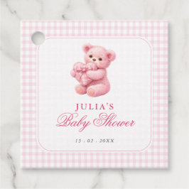Pink Gingham Teddy Bear Neutral Baby Shower フェイバータグ