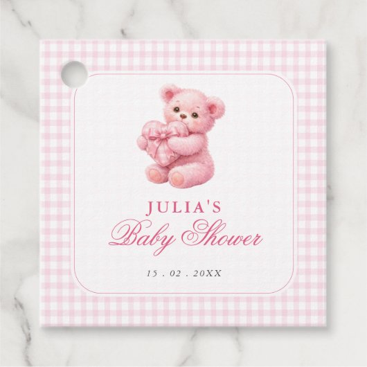 Pink Gingham Teddy Bear Neutral Baby Shower フェイバータグ (正面)