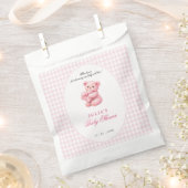Pink Gingham Teddy Bear Neutral Baby Shower フェイバーバッグ (クリップ留めされた状態)