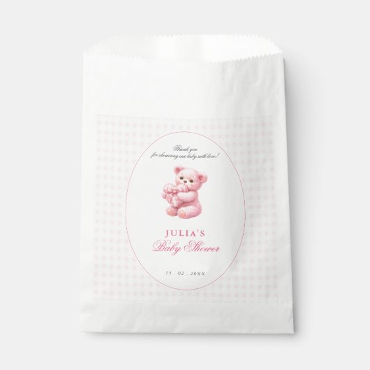 Pink Gingham Teddy Bear Neutral Baby Shower フェイバーバッグ (正面)
