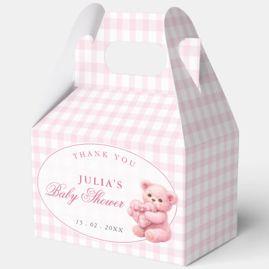 Pink Gingham Teddy Bear Neutral Baby Shower フェイバーボックス (正面)