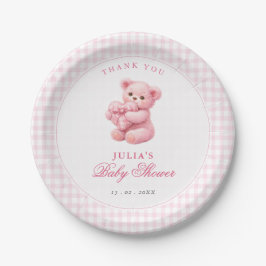 Pink Gingham Teddy Bear Neutral Baby Shower ペーパープレート