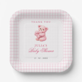 Pink Gingham Teddy Bear Neutral Baby Shower ペーパープレート