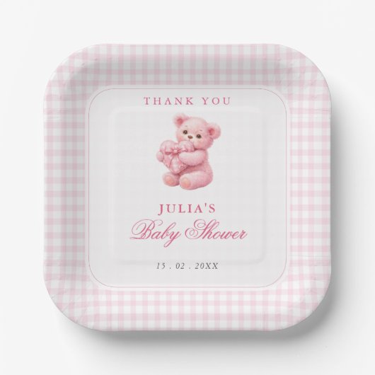 Pink Gingham Teddy Bear Neutral Baby Shower ペーパープレート (正面)