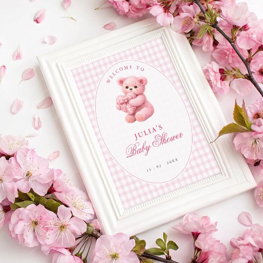 Pink Gingham Teddy Bear Neutral Baby Shower ポスター
