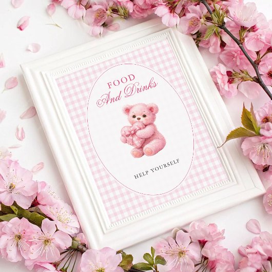 Pink Gingham Teddy Bear Neutral Baby Shower ポスター