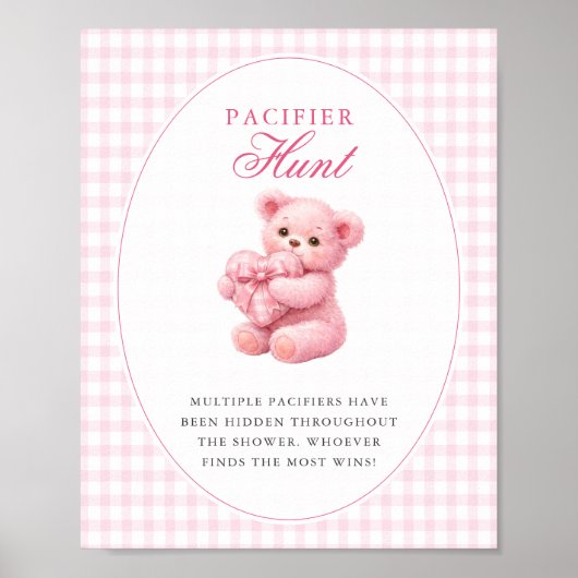 Pink Gingham Teddy Bear Neutral Baby Shower ポスター (正面)