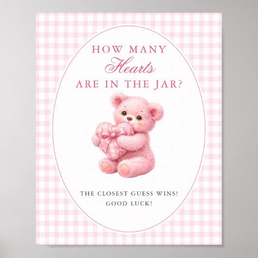 Pink Gingham Teddy Bear Neutral Baby Shower ポスター (正面)