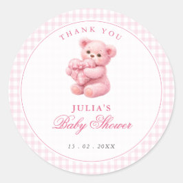 Pink Gingham Teddy Bear Neutral Baby Shower ラウンドシール
