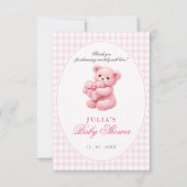 Pink Gingham Teddy Bear Neutral Baby Shower 招待状 (正面)