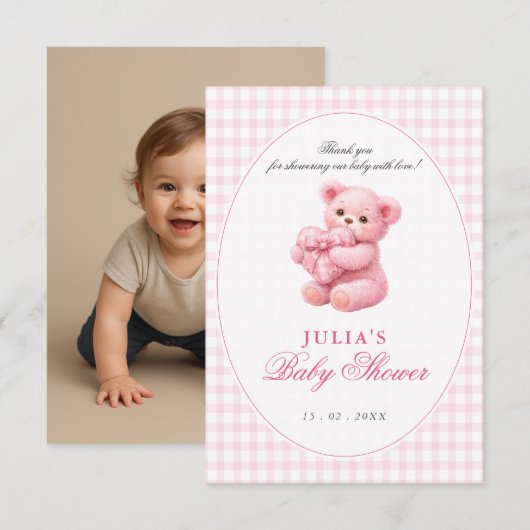 Pink Gingham Teddy Bear Neutral Baby Shower 招待状 (正面/裏面)