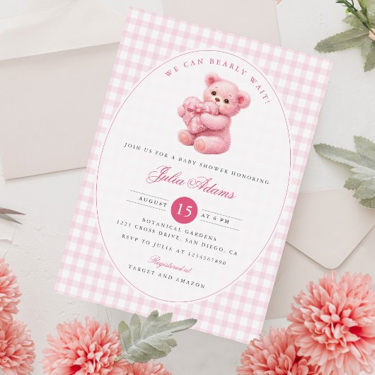 Pink Gingham Teddy Bear Neutral Baby Shower 招待状